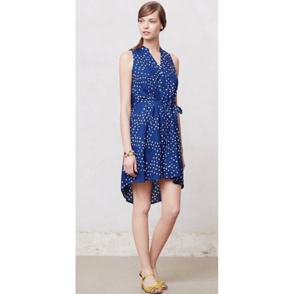Anthropologie PORRIDGE Afternoon Safari Dress Blue Polka Dot Tie Waist Size 10